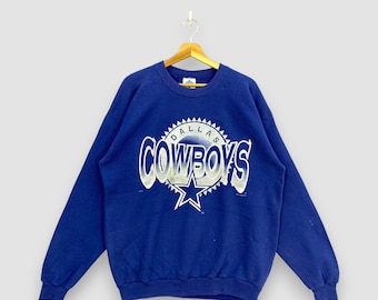 Sudadera vintage de los 90 de los Dallas Cowboys de la NFL, azul, líder de la liga, fabricada en EE. UU., cuello redondo, jersey retro con estampado de fútbol americano, talla L.