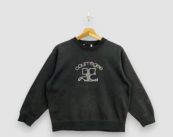 Sudadera vintage Y2K Courreges Paris negra estilo athleisure con logo bordado colorido, talla M.