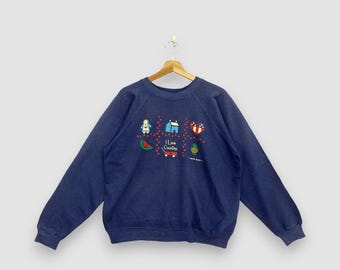 Vintage 80s Hanes Novelty Sweater Navy Blue Graphic I Love Country Sweatshirt Raglan Pullover Folk Art Aesthetic Jumper Size L