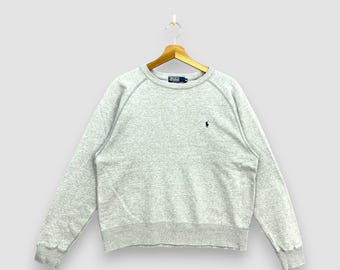 Sudadera vintage Y2K Polo Ralph Lauren, gris jaspeado, logo estampado, cuello redondo, jersey deportivo esencial, talla M
