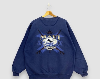 Sudadera vintage de los 90 de Maui Waveriders, azul, con estampado loco de Hawái en la espalda, cuello redondo, jersey de surf, hecha en EE. UU., talla L.