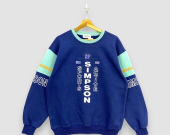 Vintage 90s Simpson Sports Sweatshirt Navy Blue Teal Colorblock Crewneck Pullover Retro Spellout Active Jumper Size M