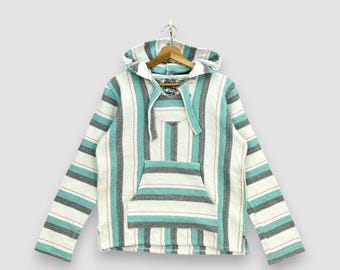 Vintage jaren 90 Senor Lopez gestreepte Mexicaanse baja hoodie turkoois witte poncho hippie boho surf trui drugsdeken hoodie festival slijtage maat M