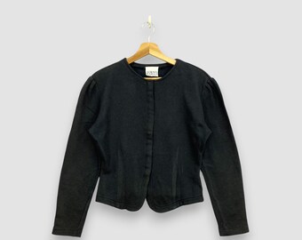 Vintage 90s Norma Kamali Cardigan Sweater Black Padded Shoulder Jacket Fitted Silhouette Minimalist Designer Avant Garde Jumper Size S
