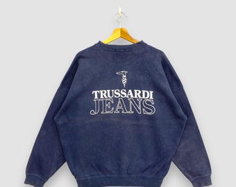 Vintage 90s Trussardi Jeans Sweatshirt Navy Blue Faded Crewneck Pullover Italian Designer Streetwear Greyhound Logo Jumper Size XL