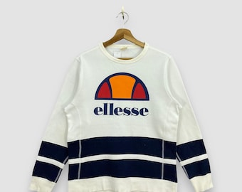 Sudadera vintage de los 90 de Ellesse, blanca, azul marino, a rayas, cuello redondo, jersey deportivo italiano, logo estampado, talla S