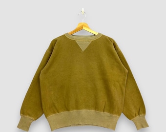 Sudadera vintage de los 90 McCoy Arrowhead Sportswear, color verde oliva, cuello redondo con refuerzo en V, estilo jersey de punto calado, talla L.