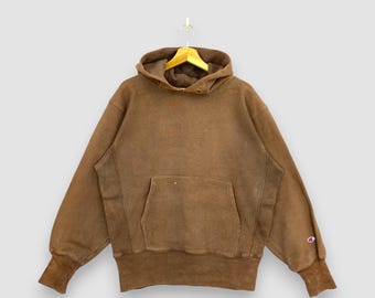 Vintage Champion Reverse Weave Hoodie Braun Faded Blank Kapuzen-Sweatshirt 90er Jahre Retro Schwergewicht Pullover Erdton Rare Streetwear Size L