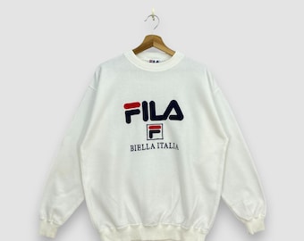 Vintage 90s Fila Biella Italia Sudadera Blanca Crewneck Jersey Spellout Logo Ropa Deportiva Jumper Tamaño L