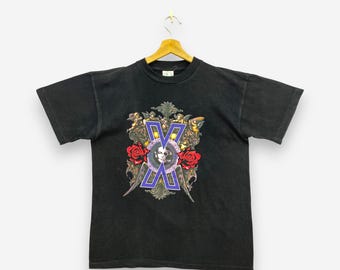 Vintage 90er Jahre X Japan T-Shirt Large Violence In Jealousy Tour 1991 Staff Japan Tees Heavy Metal Schwarzes T-Shirt Skull and Roses Grafik Size L