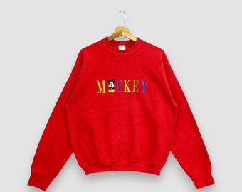 Vintage 90er Jahre Disney Mickey Mouse Sweatshirt Rot Bunt Gesticktes Spellout Logo Crewneck Pullover Charakter Pullover Größe M