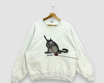 Vintage jaren 90 Crazy Shirt Hawaii B Kliban kattentrui gemêleerd grijs golf grafische ronde hals trui cartoon dieren trui maat XL