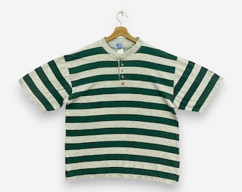 Vintage 90er Jahre Levi's T-Shirt Großes Levi's Button-Up Striped Tee Grün Grau Retro Streetwear OG Style Casual Rare Size L