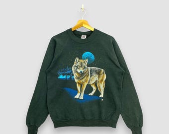 Sudadera vintage de los 80 con estampado de lobo, color negro, marca Jerzees, fabricada en EE. UU., estilo Kanye West, jersey con estampado animal, talla M.