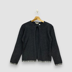 Vintage 90s MCM Cardigan Knitted Wool Sweater Open Front Jumper Designer Logo Monogram Dark Grey Size Extra Small XS