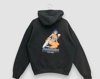 Sudadera con capucha vintage Y2K Local Motion negra Hawaiian Surfboards Tour 1999 Pinup Girl Graphic Surf Wear Streetwear Jumper Talla L