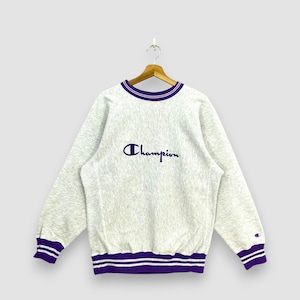 Vintage 90s Champion Reverse Weave Sweatshirt Grey Purple Striped Ribbing Spellout Made in USA Ribbed Trim Collegiate Jumper Size L