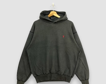 Sudadera con capucha Polo Ralph Lauren vintage de los 90, color negro, con logo de pony rojo, estilo deportivo, corte holgado, talla XL.