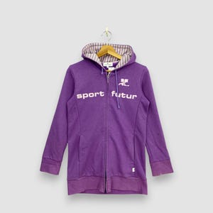 Vintage Courreges Sport Futur Hoodie Purple Zip Up Jacket Striped Hood Lining Designer Athletic Sweatshirt Size S