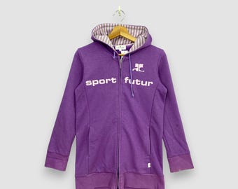 Sudadera con capucha Courreges Sport Futur vintage, color morado, con cremallera, forro de capucha a rayas, sudadera deportiva de diseñador, talla S