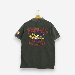 Vintage 90s Avirex Polo Shirt Medium Flying Tigers American Volunteer Group USAF Military Shield Patch Black Pique Collar Tee Size M