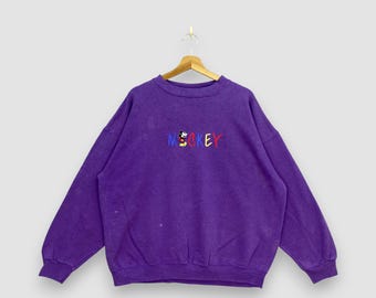 Vintage 90s Disney Mickey Mouse Sweater Purple Sweatshirt Embroidered Colorful Mickey Spell Out Crewneck Disney World Jumper Size XXL