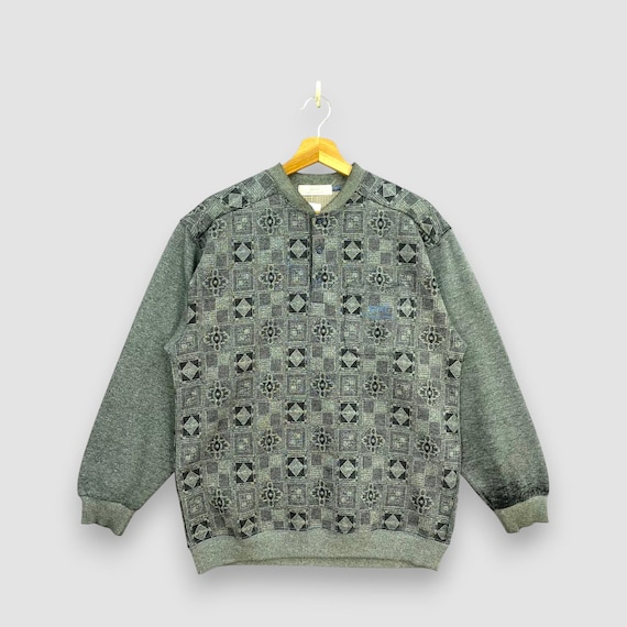 Balmain, Vintage 90s Pierre Balmain Vent Vert Sweatshirt Grey Geometric Abstract Pattern Pullover Designer Jumper Size M