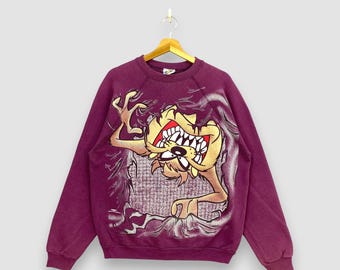 Sudadera vintage de los 90 de Looney Tunes Taz, color granate, Warner Bros., estampado integral, cuello redondo, jersey de dibujos animados, hecha en EE. UU., talla L.