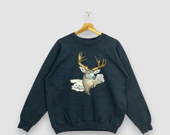 Sudadera vintage de los 90 Fruit of the Loom negra con estampado de ciervo de cola blanca y fauna silvestre. Hecha en EE. UU. Talla L.