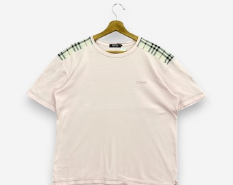 Vintage Burberry Black Label T-Shirt Groß Pink Nova Check Karo Schulter Patch Spellout Made in Japan Rundhals T-Shirt Größe L