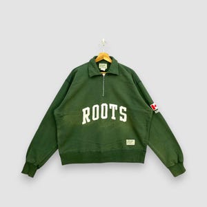 Felpa vintage Roots Athletics con zip a 1/4, verde foresta, con scritta, bandiera canadese e patch, abbigliamento sportivo, taglia XL