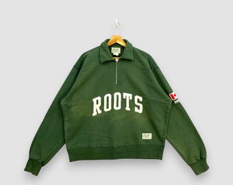 Sudadera vintage Roots Athletics con cremallera de 1/4, color verde bosque, con estampado de la bandera de Canadá, estilo deportivo, talla extragrande (XL).