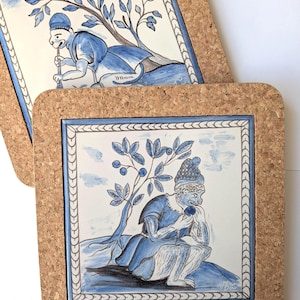 Handbemalter Azulejos-Fliesenkorkenrahmen (20×20 cm), Singeries-Affenszenen, Keramiknachbildung.