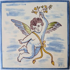 Azulejo pintado a mano, réplica de querubín, decoración de pared de cerámica azul y blanca (15×15 cm)