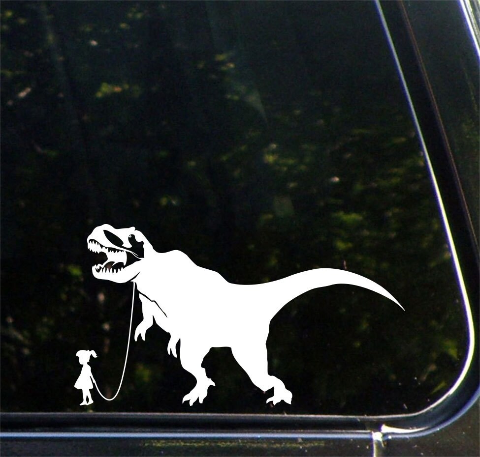 GIRL WALKING TRICERATOPS Vinyl Decal Sticker Car Window Wall Bumper Pet Dinosaur 