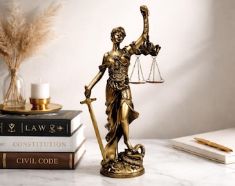 Standbeeld Vrouwe Justitia: harssculptuur bronsafwerking, advocatenkantoordecor