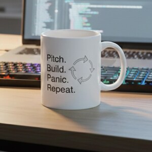 Può includere: Tazza in ceramica bianca con le parole "Pitch. Build. Panic. Repeat." in testo nero. Un grafico a frecce circolari è accanto al testo. La tazza è su una superficie di legno con un laptop e una tastiera sullo sfondo.