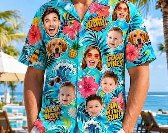 Camisa hawaiana personalizada con rostro, camisa tropical con foto y logotipo personalizados, camisa hawaiana infantil personalizada con rostro, regalos para papá