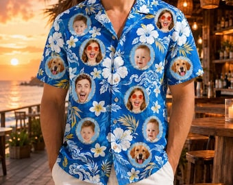 Camisa hawaiana personalizada con foto, camisa hawaiana con rostro personalizado, camisas de botones personalizadas con foto para papá y hombres, regalos para papá