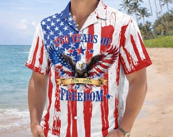 America 250 Hawaiian Shirt 1776-2026, Semiquincentennial Patriotic Button Down, USA 250th Anniversary Vintage Blue White Toile Men's Shirt