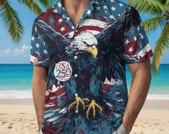 America 250th Anniversary Hawaiian Shirt, 1776-2026 Semiquincentennial Button Down, Independence Day Eagle Statue of Liberty Patriotic Top