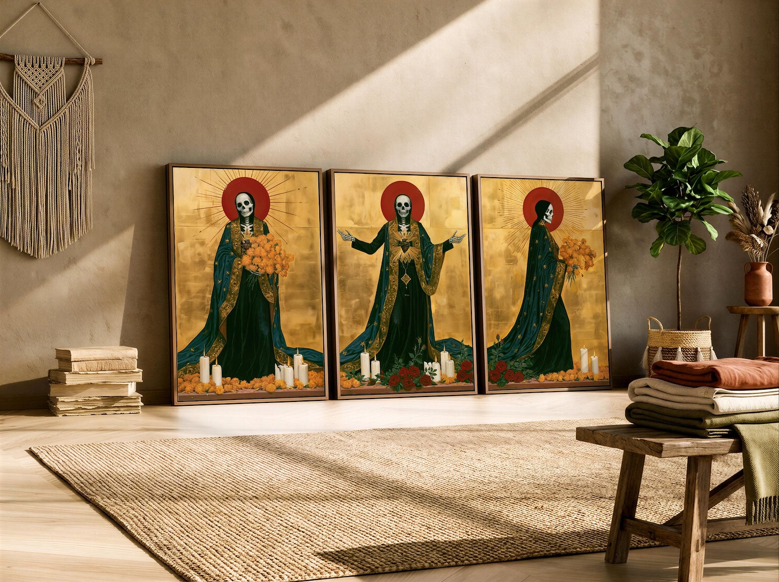 Santa Muerte Triptych, Gold Leaf Folk Altar Wall Art, 3 Piece Day of the Dead