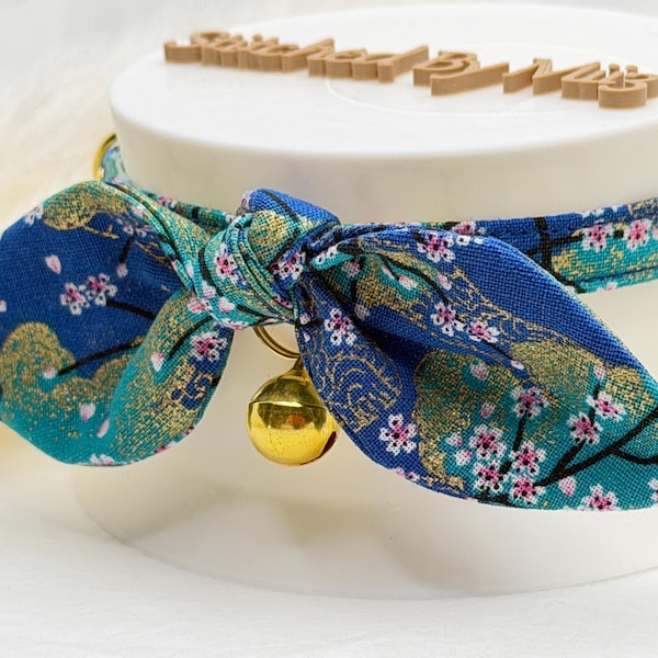 Blue Green Ume tree Cat Collar with Safety Breakaway buckle, Kimono print, Free bell