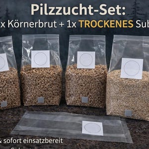 Puede incluir: Un kit de cultivo de setas con el texto "Pilzzucht-Set: 3x Körnerbrut + 1x TROCKENES Substrat". El kit incluye cuatro bolsas de plástico transparente llenas de sustrato y una bolsa más pequeña. También se ve el texto "Steril & sofort einsatzbereit".