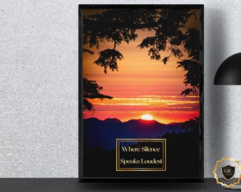 Póster de puesta de sol | Arte mural de montaña | Lámina de silueta de árbol | Decoración de la hora dorada | Fotografía de naturaleza | Arte mural bohemio | Decoración de sala de estar