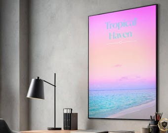 Arte mural playero con estética rosa | Decoración de habitación estilo preppy coqueta | Lámina de puesta de sol en el océano | Póster imprimible de paraíso tropical | Descarga instantánea