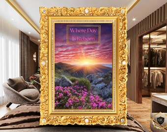 Lámina minimalista de amanecer en la montaña | Arte mural de naturaleza | Póster de paisaje con cielo rosa | Lámina de flores silvestres | Decoración para el salón | Descarga instantánea