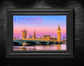 Póster de Londres | Decoración de pared del Big Ben | Lámina con paisaje urbano al atardecer | Póster de viaje | Decoración de pared de Inglaterra | Arte para el salón | Lámina para el dormitorio