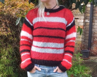 Ready to Ship OOAK Red Black Grey & White Stripe Mohair Sweater Hand Knitted Punk Visual Kei / Kera