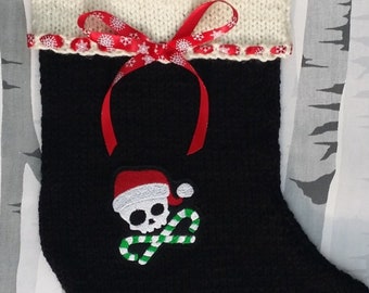 Ready to Ship Kawaii Skull with Crossed Candy Canes Hand Knitted Christmas Stocking Gothic Xmas Decoration